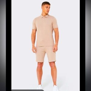 Boohoo SHORT SLEEVE RIBBED KNITTED POLO & SHORTS SET